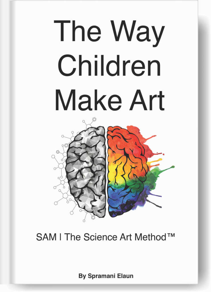 Book cover of The Way Children Make Art, image of a brain with paint splattered on the right side of the brain.