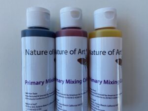 nature of art finger paints bottles three colors, red, yellow and blue